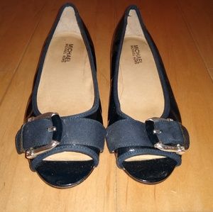 Michael Kors patent navy peep-toe flats